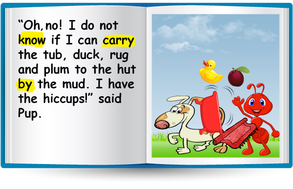 "Oh no, I do not know if I can carry the tub, duck, rug, and plum to the hut by the mud. I have the hiccups!" said Pup.