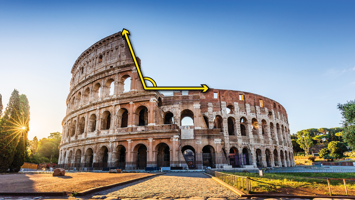 A picture of the colliseum with a broken edge of the top two tiers. The broken edge of the top tier and the middle tier creates a obtuse angle larger than 90 degrees.