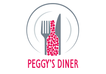 A logo for Peggy's Diner showing a knife and a fork, with a bubbly wine bottle in the negative space.