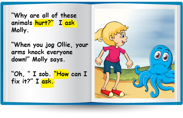 "Why are all of these animals hurt?" I ask Molly. "When you jog Ollie, your arms knock everyone down!" Molly says. "Oh," I sob. "How can I fix it?" I ask.