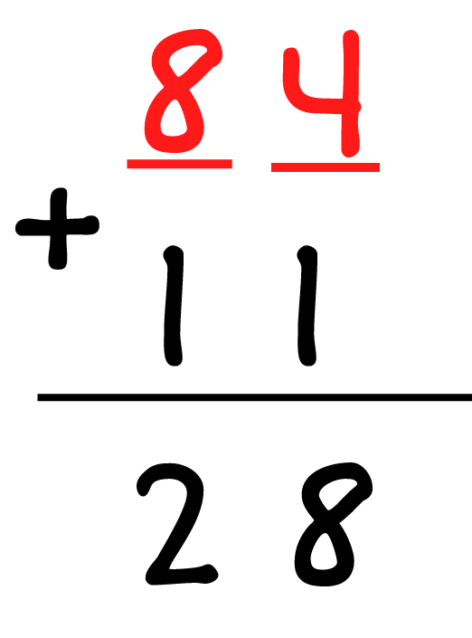 84, which is colored in red, + 11 = 28