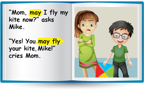 "Mom, may I fly my kite now?" asks Mike. "Yes! You may fly your kite Mike!" cries Mom.