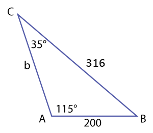 triangle with a 35° angle, 115° angle, and 200 side.