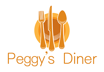 A logo for Peggy's Diner showing a plate, knife and fork.