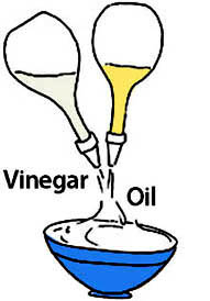 Vinegar and oil being poured into a bowl.
