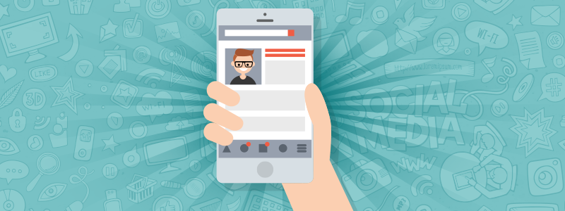 Hand holding a phone with a social media profile.