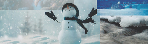 The Snow Man montage of images and graphics - showing snow and snow man images and white head. Use enter key to open full-screen view.