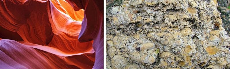 Right: Sandstone formations, Antelope Canyon, Arizona. Left: Coquina limestone.