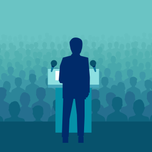 Vector illustration of a businessman or politician speaking to a large crowd of people.