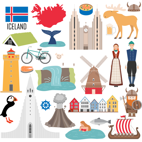 Set with architecture, national flag, costume, map and other Iceland symbols