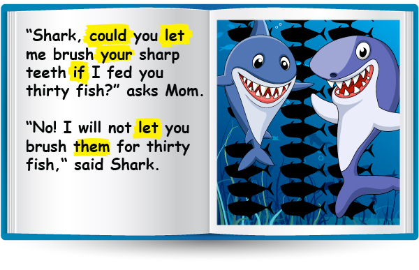 "Shark, could you let me brush your sharp teeth if I fed you thirty fish?" asks Mom. "No! I will not let you brush them for thirty fish," said Shark.