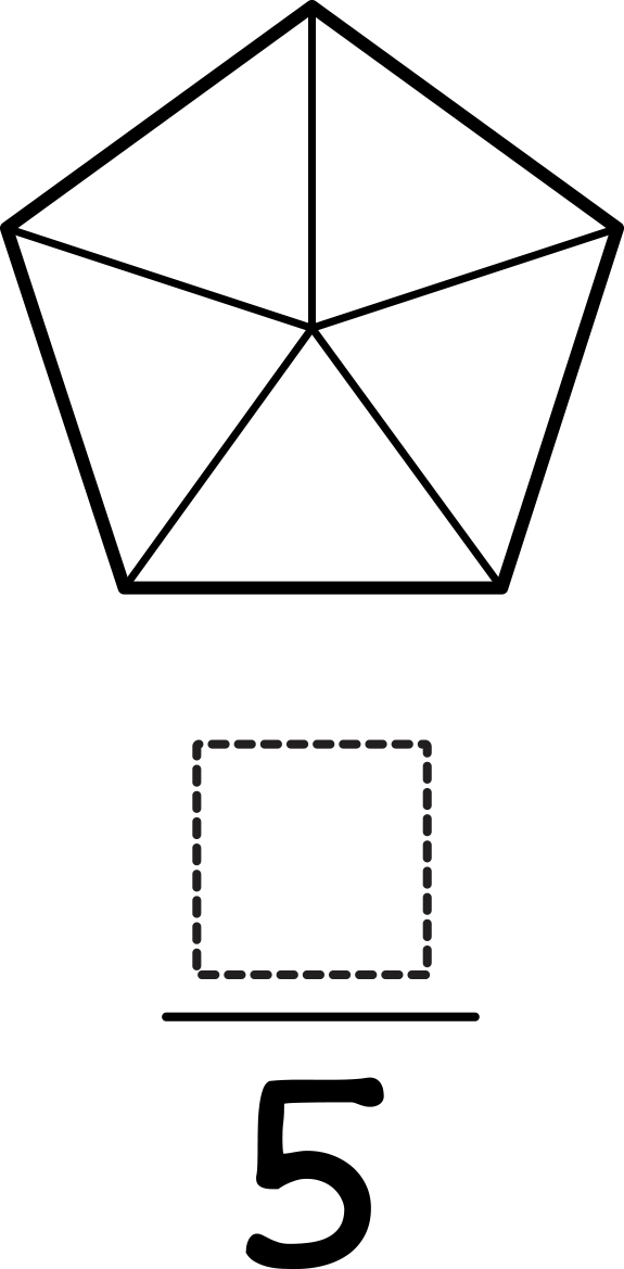 Pentagon partitioned into 5 equal parts. Fraction: blank over 5.