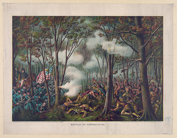 This print shows American troops under the leadership of General William Henry Harrison fighting the Native American forces of The Prophet, Tenskwatawa (the brother of Tecumseh), in a forest. Tenskwatawa was part of Tecumseh's Native American confederation.