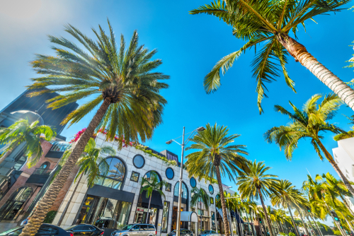 Rodeo Drive under a shining sun, Beverly Hills. California, USA.