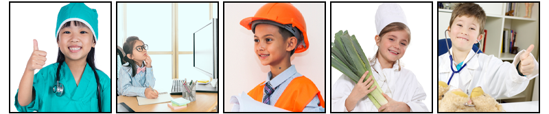 variety of jobs including nurse, computer programmer, architect, chef, and doctor portrayed by kids