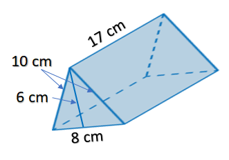 Triangular Prism with base of 8 cm by 17 cm with height of 6 cm