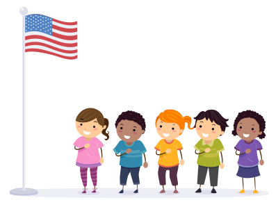 Illustration of Stickman Kids In Front of a US Flag Reciting the Pledge of Allegiance