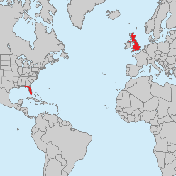 World map with Florida and Britain highlighted.