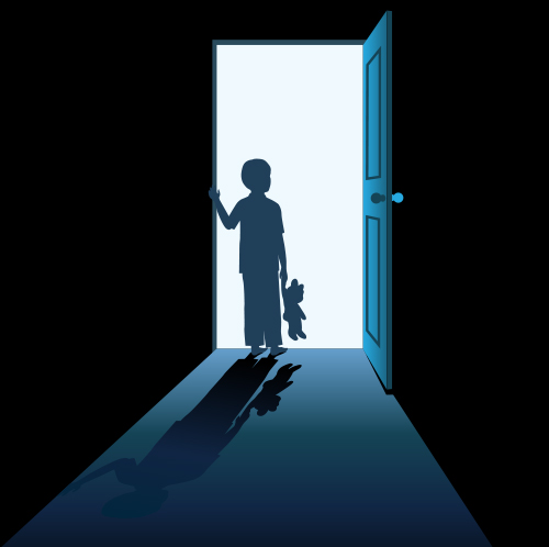Silhouette of a child in pajamas, holding a teddy bear and opening a mystery door.
