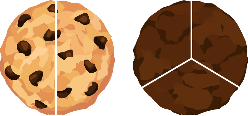 Two cookies. The oatmeal raisin cookie is partitioned into 2 equal parts. The double chocolate cookie is partitioned into 3 equal parts.