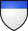 A white shield showing a blue stripe along the top