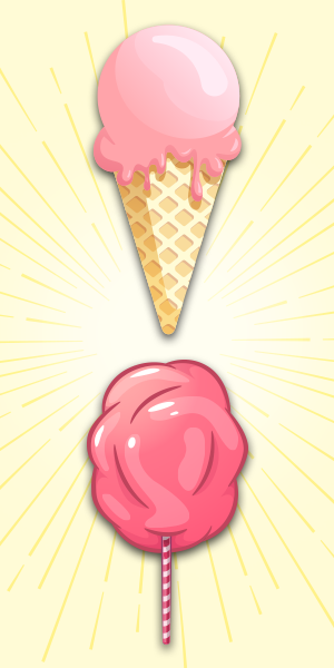 A cartoon pink scoop of ice cream on a sugar cone and below it is a cartoon pink ball of cotton candy on a stick.