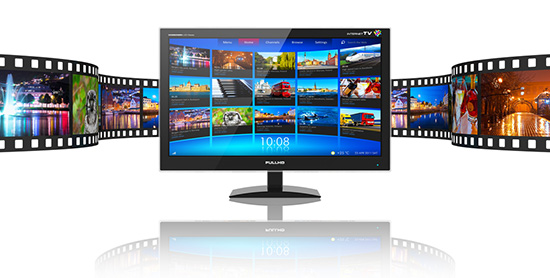 monitor with film strip flowing behind it