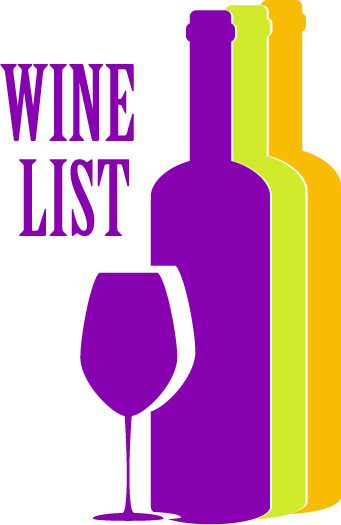 A logo for a wine list using purple, light green and orange.