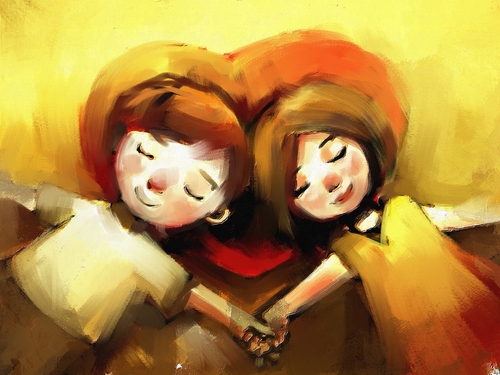 Digital painting of two kids holding hands