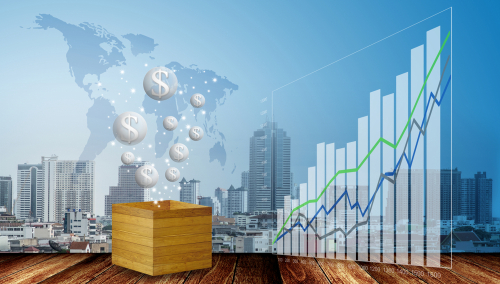 Bubbles of money and growth graph with cityscape background, Bubble of economy concept.