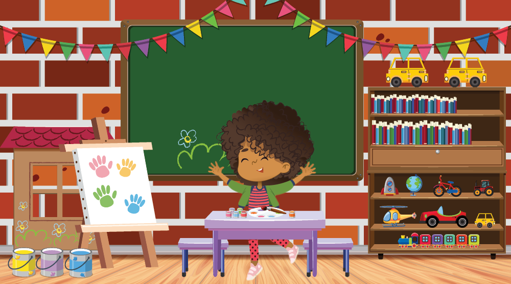 Ava is behind the table, in front of the chalkboard.