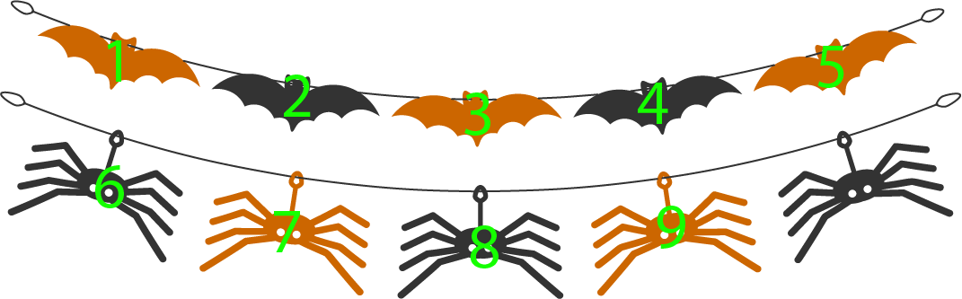 10 halloween decorations: Counting 1, 2, 3, 4, 5, 6, 7, 8, 9