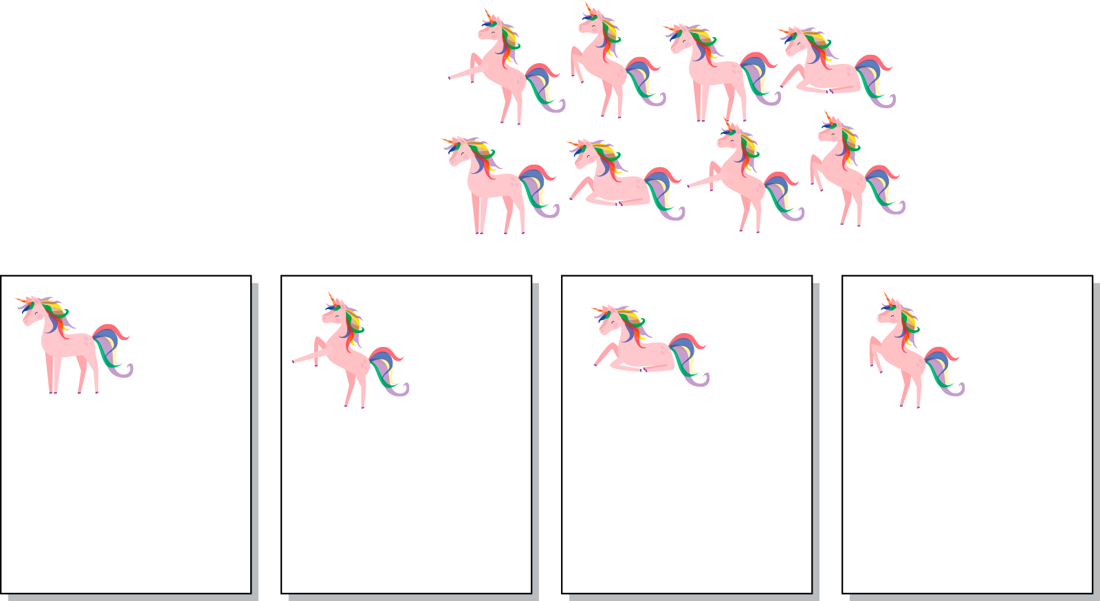 8 unicorns above 4 groups with 1 unicorn in each group