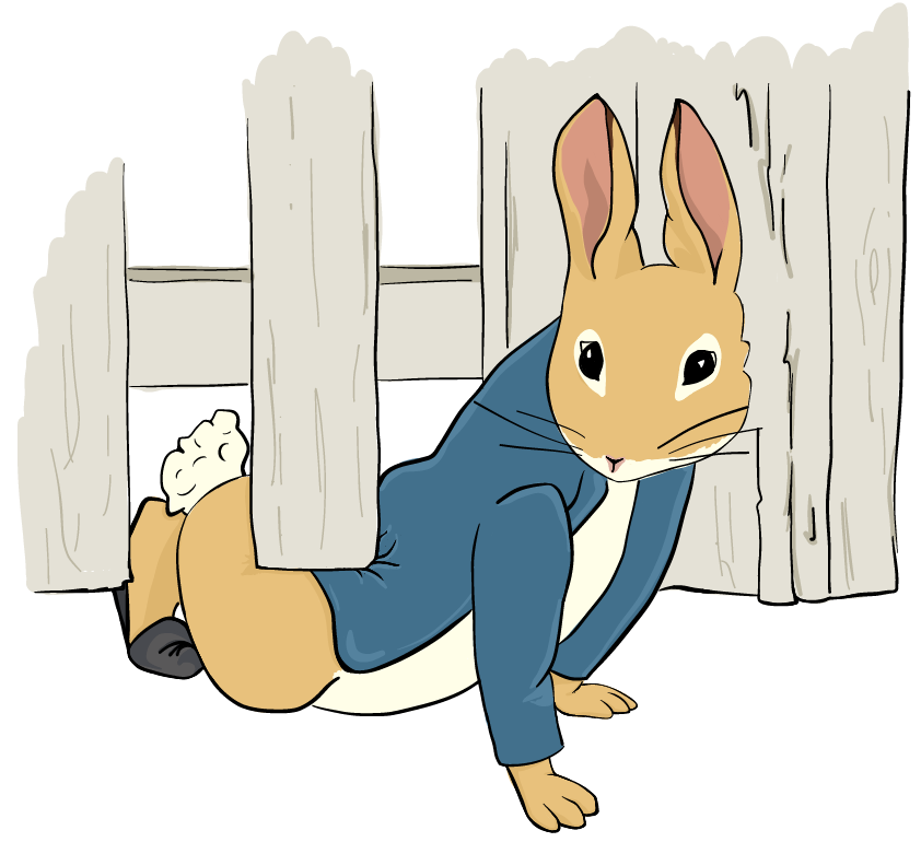 rabbit in a blue jacket crawling under a fence.