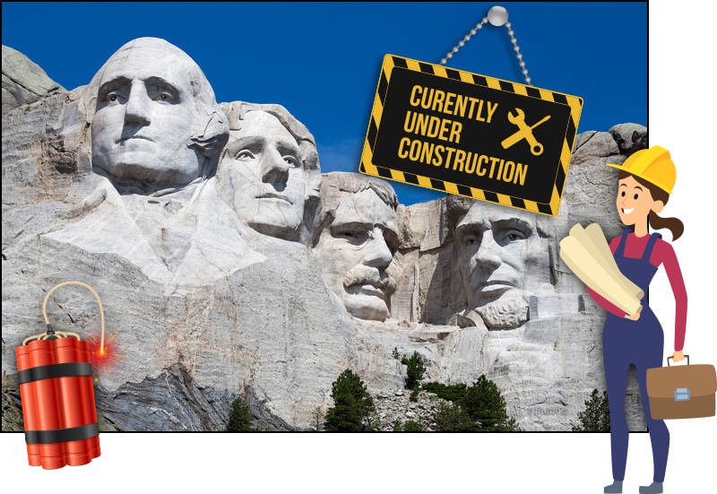 Female construction worker with plans in her hand next to Mount Rushmore.