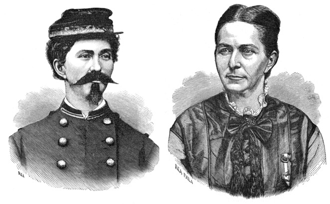 Loreta Janeta Velázquez as herself (right) and disguised as Lieutenant Harry T. Buford (left); image published in The Woman In Battle: a Narrative of the Exploits, Adventures, And Travels of Madame Loreta Janeta Valezquez, Otherwise Known As Lieutenant Harry T. Buford, Confederate States Army; Richmond; Dustin, Gilman & Co., 1876.