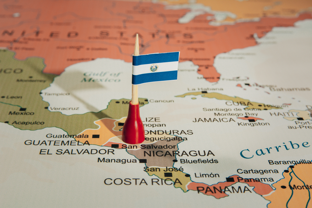 The Nicaraguan flag on the country of Nicaragua on a map of Central America.