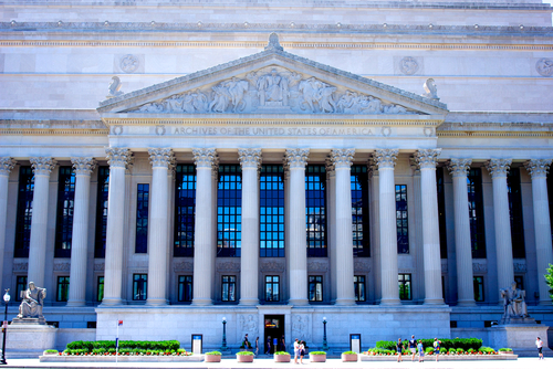 Columns and reliefs decorate the north face of the National Archives building in Washington DC.