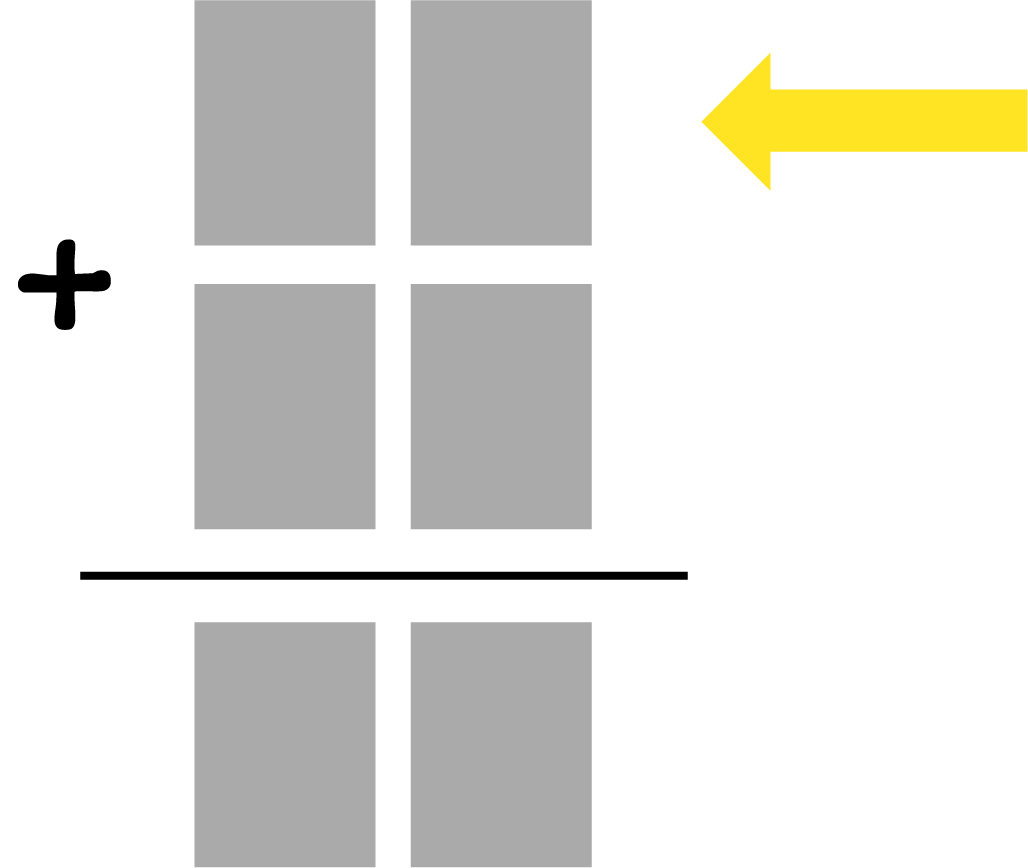 2 grey boxes + 2 grey boxes = 2 grey boxes. There is also a yellow arrow pointing to the first set of grey boxes.