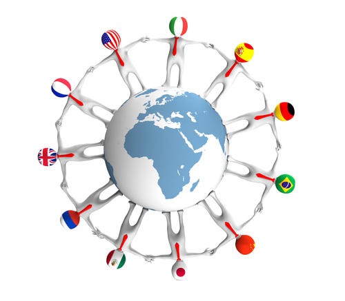 3d businessmen working together in the world