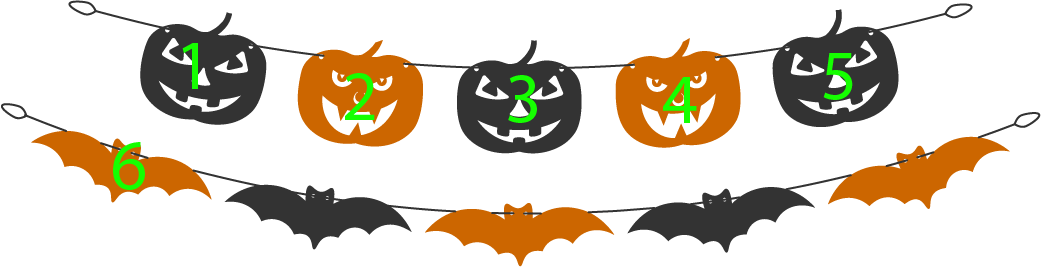 10 halloween decorations: Counting 1, 2, 3, 4, 5, 6