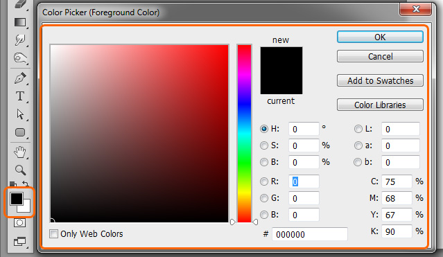 Foreground and background selection and the color picker dialog.