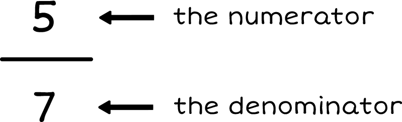 Fraction: 5 over 7. The 5 is labeled as the numerator. The 7 is labeled as the denominator.