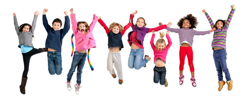 Group of children jumping isolated in white