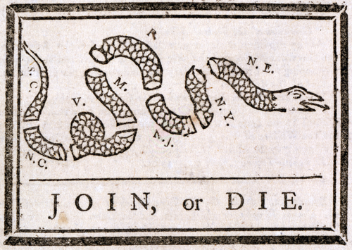 The American Revolution, Join or die, Benjamin Franklin's warning to the British colonies in America, from The Pennsylvania Gazette, by Benjamin Franklin