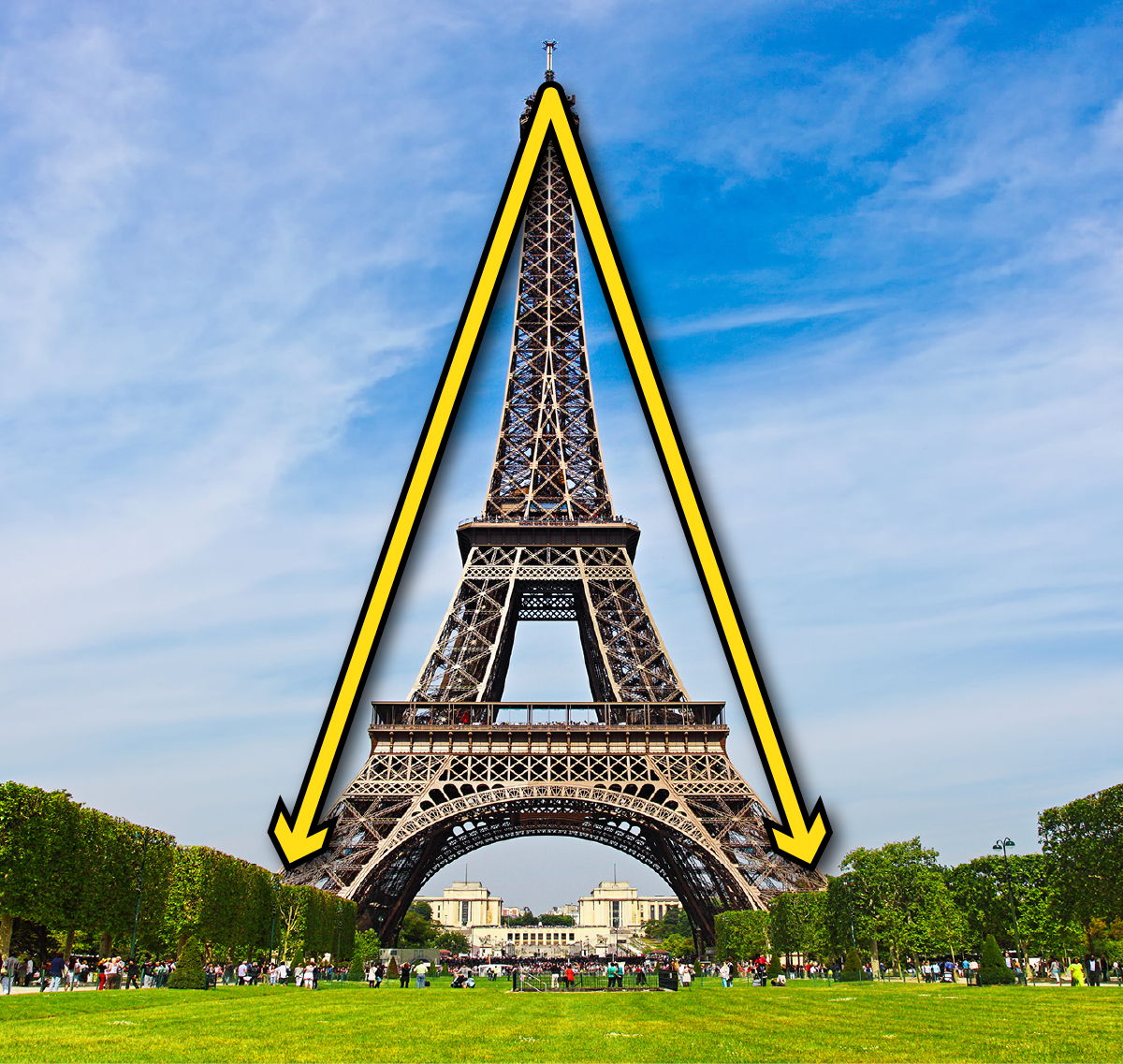 A picture of the Eiffel Tower with an acute angle starting from the top going down both sides of the tower.