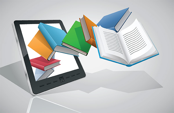 books emerging from a digital tablet