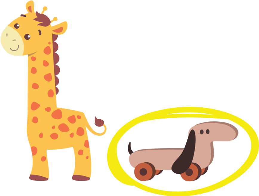 toy dog and giraffe with a circle going around the toy dog