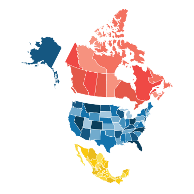 Map of North America with separate countries
