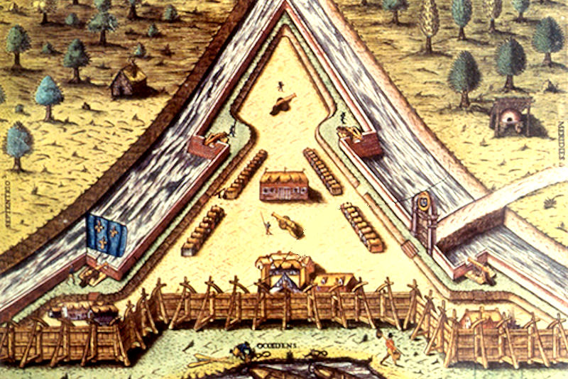 Colored engraving of a view of French Fort Caroline on the St. Johns River.